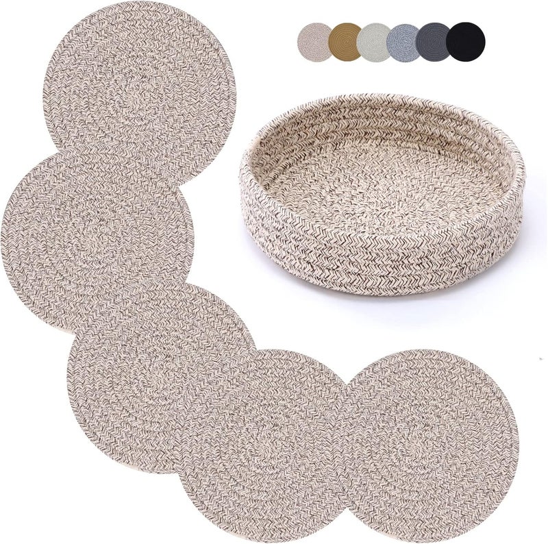 Coga Trivets for Hot Dishes Trivets for Hot Pots and Pans 7 Inchs Hot Pads 5 Pcs and Storage Basket for Countertops Pot Holders for Kitchen Cotton Table Protector Hot Mats Heat Resistant Brown - Image 1