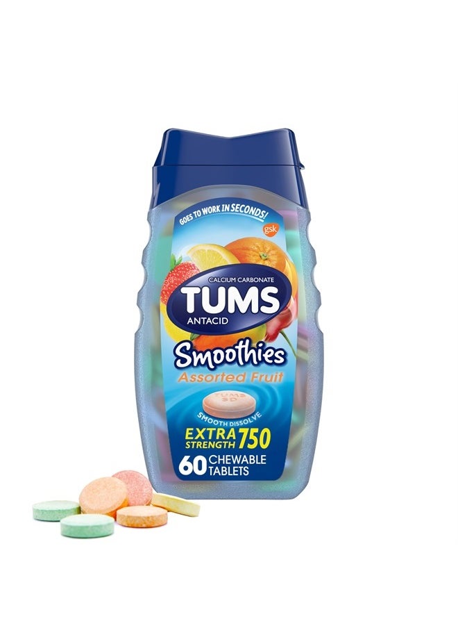 TUMS Smoothies Extra Strength Antacid Chewable Tablets for Heartburn Relief, Assorted Fruit - 60 Count (Pack of 1)  - Image 1