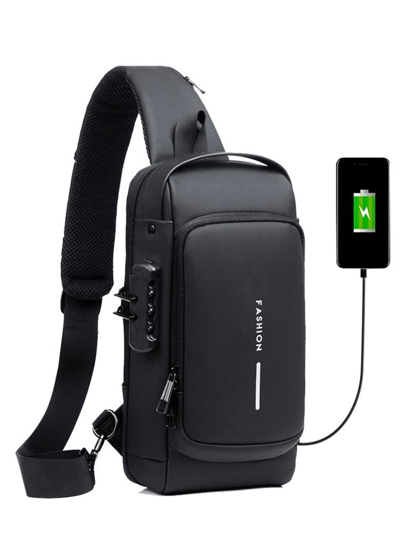 FASHION حقيبة كتف مضادة للسرقة للرجال حقيبة صدر كروس بودي مع منفذ شحن USB حقيبة ظهر صغيرة مقاومة للماء للعمل في الهواء الطلق والمشي لمسافات طويلة والجري والرياضة وحقيبة السفر  - Image 1