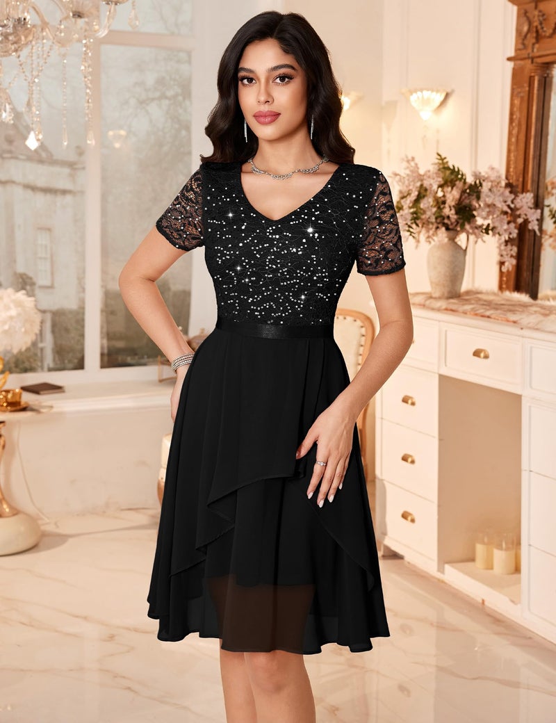 MUADRESS Women's Wedding Guest Dress for Cocktail A-Line Lace Sequin Chiffon Prom Dresses with V-Neck Black S - Image 2