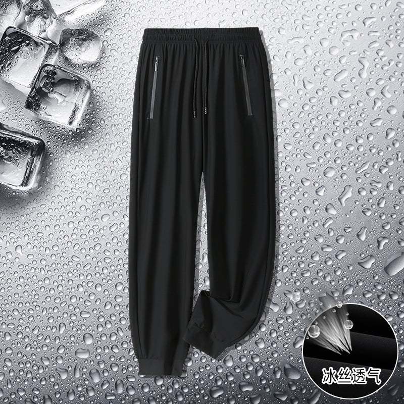 Generic Ice Silk Pants Ultra-thin Breathable Straight Leg Pants Running Sports Pants Loose plus size Casual Long Pants Men Black tight mouth