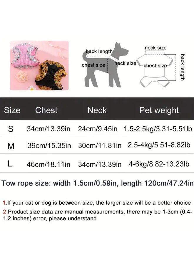 مجموعة هارنس وسلسلة للحيوانات الأليفة باللون الوردي بتصميم الدانتيل الذهبي، ناعمة وتسمح بالتهوية للكلاب الصغيرة والمتوسطة - Image 3