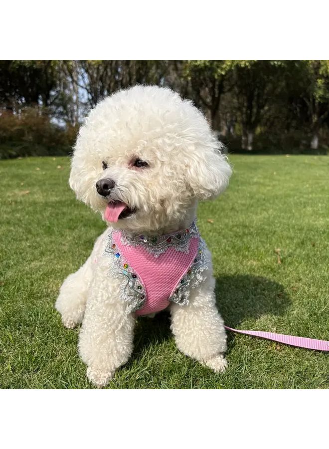 مجموعة هارنس وسلسلة للحيوانات الأليفة باللون الوردي بتصميم الدانتيل الذهبي، ناعمة وتسمح بالتهوية للكلاب الصغيرة والمتوسطة - Image 5