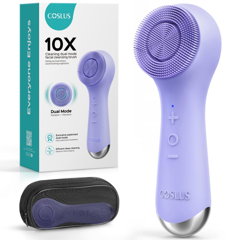 فرشاة تنظيف الوجه COSLUS 2 في 1 بتقنية الدوران والاهتزاز مع تقنية مسجلة براءة اختراع من السيليكون، مقشر كهربائي مع رغوة تلقائية وفرشاة تنظيف وجه مقاومة للماء للرجال والنساء