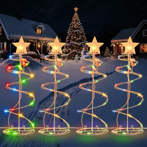 HEISOK Spiral Christmas Tree Outdoor - 4 Pack Spiral Christmas Tree Pathway Lights Waterproof - Multicolor Spiral Lighted Xmas Trees Lights for Outside Garden Yard Porch, Christmas Decorations - Image 1