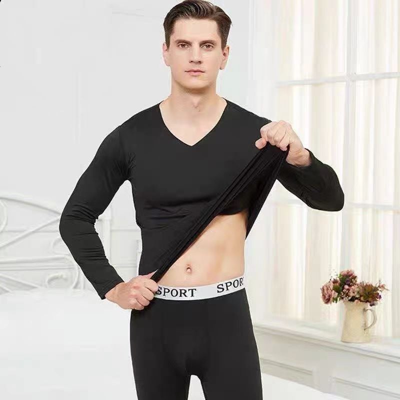 Constant Temperature 37 Self-heating Mens Autumn and Winter Thermal Underwear suit Thin Fleece Autumn Pants fleece-lined V-neck Non-marking Single Clothes Black 