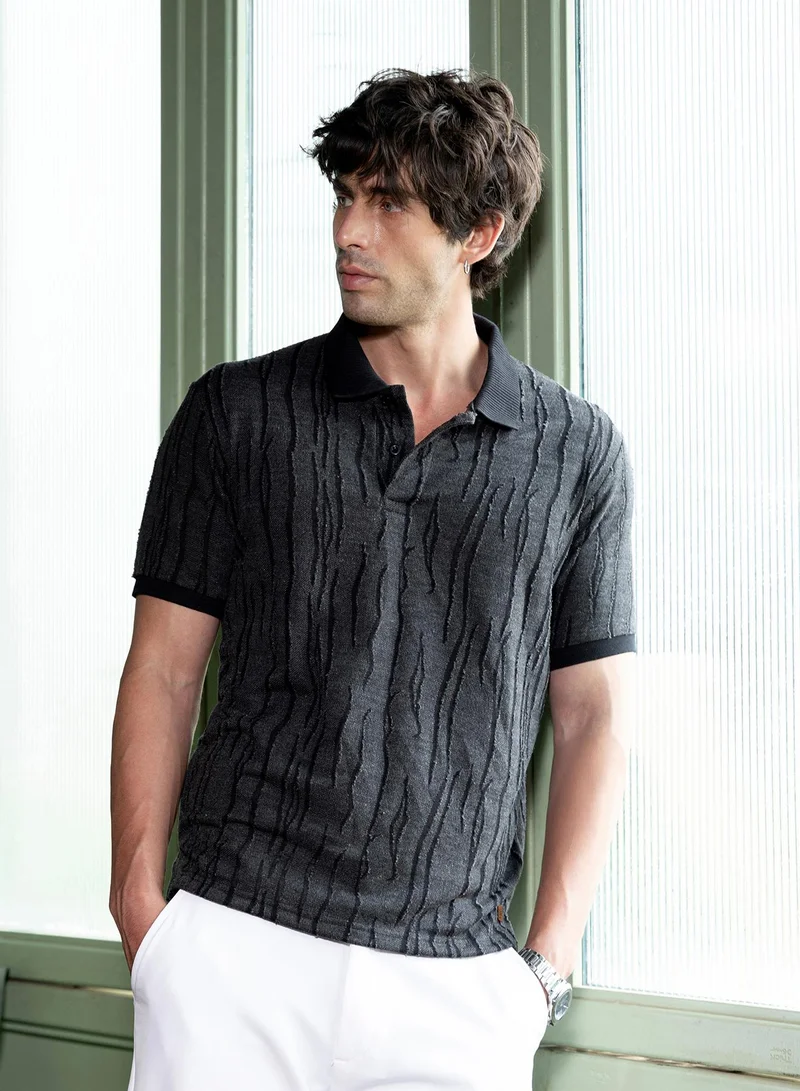 Campus Sutra Men Crevice-Jacquard Polo T-Shirt | Jacquard-Polo Neck, Short Ribbed-Cuff Sleeves | Half-Button , Straight Hem | Abstract Jacquard Knitted Fabric For Casual & Daily Wear | Onyx Black