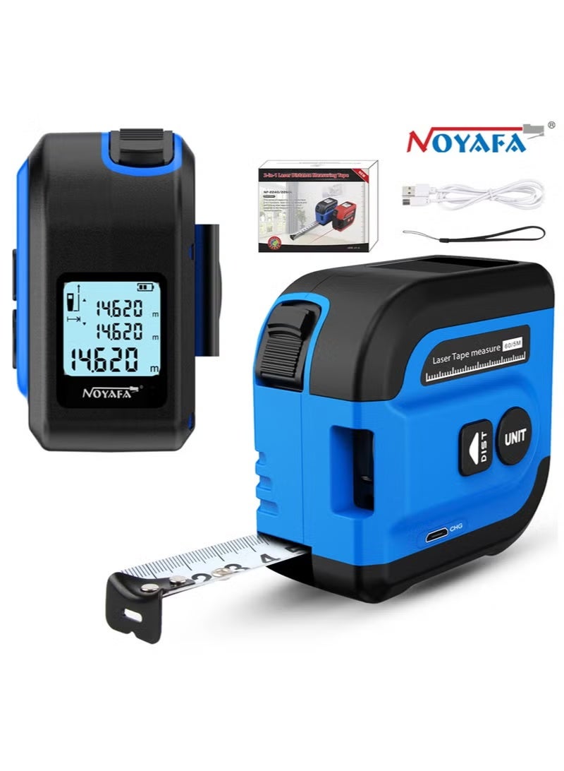 NOYAFA 2 in 1 Digital Laser Tape Measure, 197Ft/60M Laser Measurement & 16Ft/5M Measuring Tape with AutoLock and Audio Prompt, Measuring Area Volume, M/in/Ft Unit, Laser Distance Meter with LCD Display - Image 1