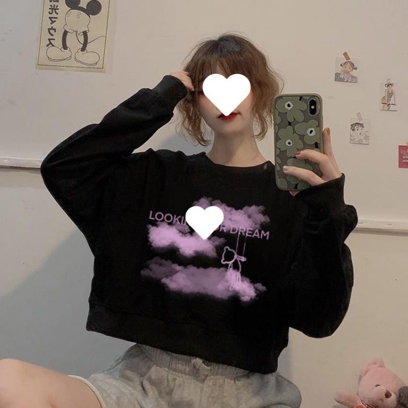 Short Top Small Loose Lazy Style Design Sense fleece-lined Sweat Womens Trendy Ins Student Long Sleeve Womens Korean Style Black thin section