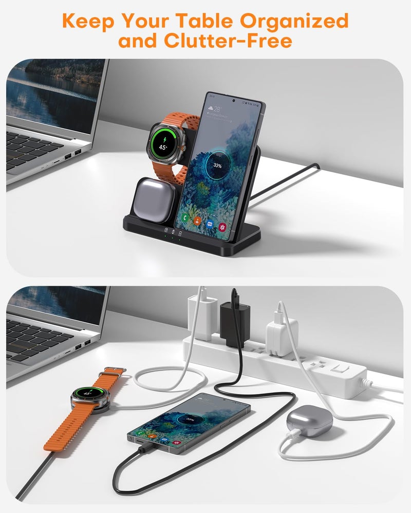 Indigotech Wireless Charger for Samsung Charging Station: 3 in 1 Galaxy Watch Charger, Adapter Included, Black(2025 US Version) - Image 5