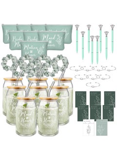 Irenare 48 Pcs Bridesmaid Proposal Gifts Maid Of Honor Gifts Bridal Shower 16Oz Glass Cups Cosmetic Makeup Bags Invited Cards Scrunchies Hair Knotted Bracelets Diamond Pens (Green)  - Image 1