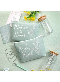 Irenare 48 Pcs Bridesmaid Proposal Gifts Maid Of Honor Gifts Bridal Shower 16Oz Glass Cups Cosmetic Makeup Bags Invited Cards Scrunchies Hair Knotted Bracelets Diamond Pens (Green)  - Image 4
