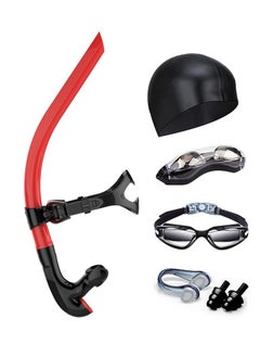 black and red snorkel and Swimming cap, swimming goggles, swimming case, earplug, nose clip