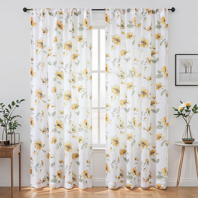 BROSHAN Yellow Floral Sheer Curtains 84 inches Long for Living Room, Silky-Smooth Chiffon Privacy Semi Sheer Drapes Chinoiserie WildFlower Patterned Window Curtains 2 Panel Sets for Bedroom, Yellow and White - Image 2