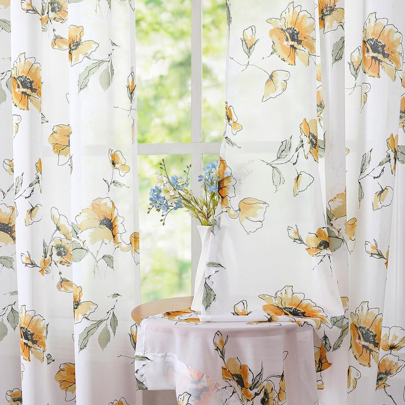 BROSHAN Yellow Floral Sheer Curtains 84 inches Long for Living Room, Silky-Smooth Chiffon Privacy Semi Sheer Drapes Chinoiserie WildFlower Patterned Window Curtains 2 Panel Sets for Bedroom, Yellow and White - Image 1