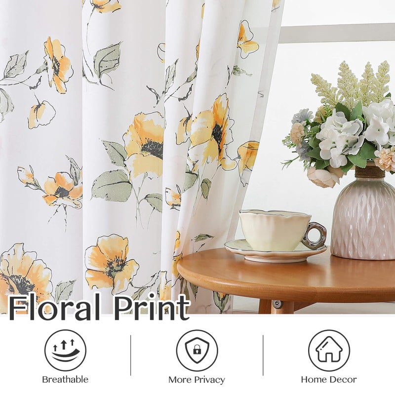 BROSHAN Yellow Floral Sheer Curtains 84 inches Long for Living Room, Silky-Smooth Chiffon Privacy Semi Sheer Drapes Chinoiserie WildFlower Patterned Window Curtains 2 Panel Sets for Bedroom, Yellow and White - Image 5