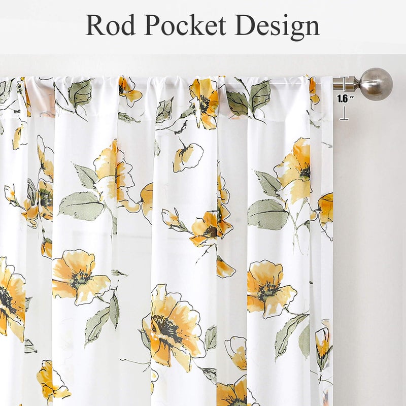 BROSHAN Yellow Floral Sheer Curtains 84 inches Long for Living Room, Silky-Smooth Chiffon Privacy Semi Sheer Drapes Chinoiserie WildFlower Patterned Window Curtains 2 Panel Sets for Bedroom, Yellow and White - Image 3