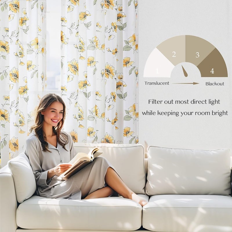 BROSHAN Yellow Floral Sheer Curtains 84 inches Long for Living Room, Silky-Smooth Chiffon Privacy Semi Sheer Drapes Chinoiserie WildFlower Patterned Window Curtains 2 Panel Sets for Bedroom, Yellow and White - Image 4