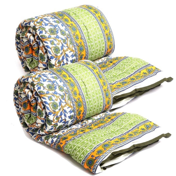TRADITIONAL FAMOUS RAJASTHANI PRINT JAIPURI BEAUTIFUL FLORAL PRINT IN WHITE BLUE GREEN JAIPURI RAJAIRAZAIQUILT SINGLESINGLE BED QUILTCOMFORTERAC QUILTAC COMFORTERSET OF 2