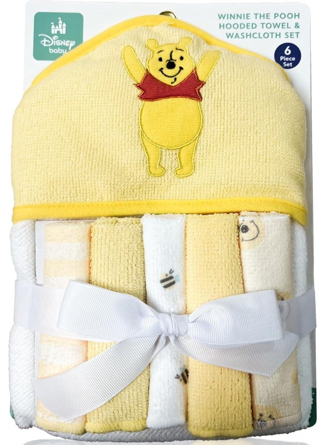 Cudlie Winnie The Pooh Bath Towel Set | Winnie The Pooh Hooded Baby Bath Towel | Includes Hoodie Towel & 5 Wash Cloths | Yellow/White | Officially Licensed - Image 1