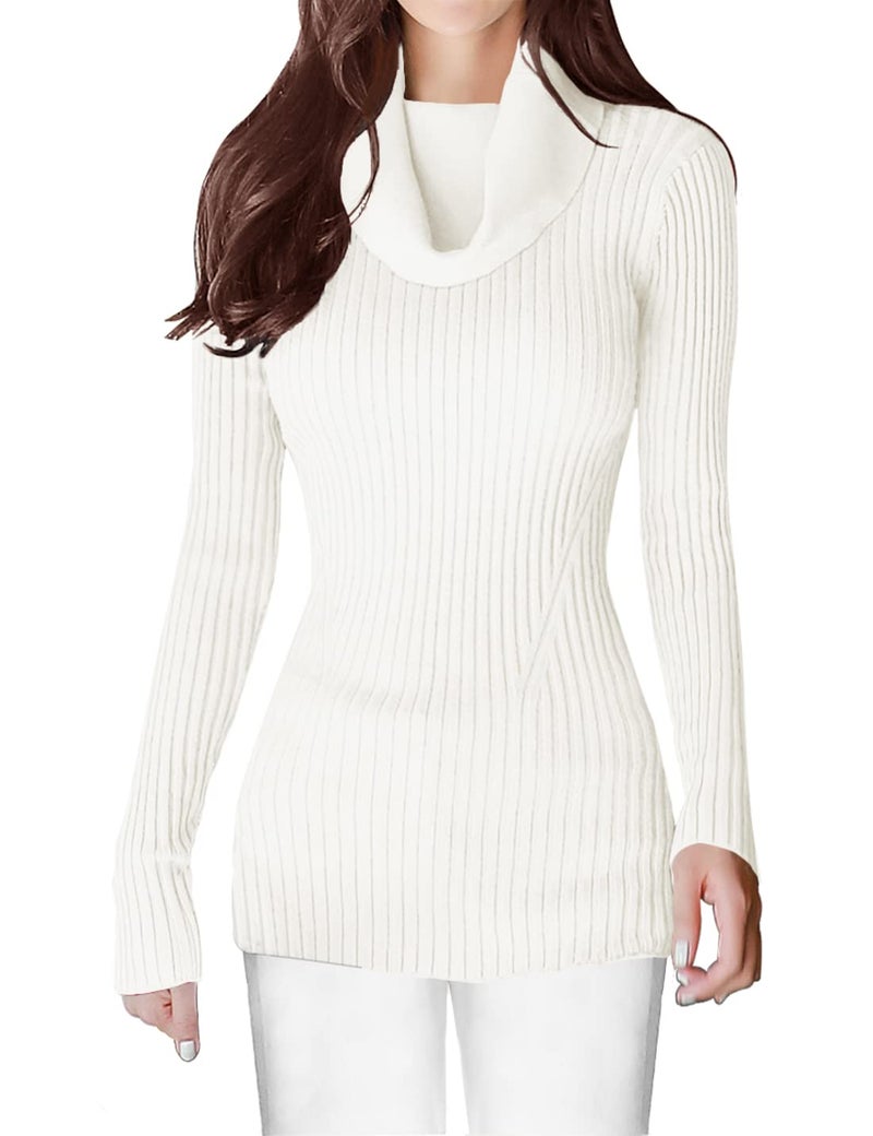 v28 Sweaters for Women Long Sleeve Soft Knitted Ribbed Cowl Neck Fitted Bodycon Sexy Pullover-S,WH - Image 1