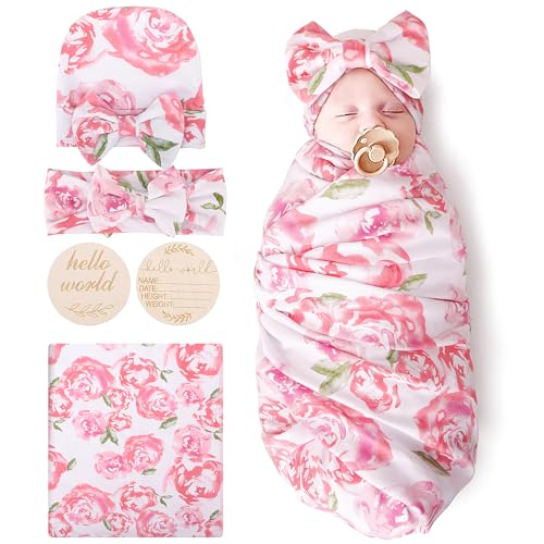DRESHOW BQUBO Baby Girl Newborn Floral Receiving Blankets with Bow Hat Headband Wooden Birth Announcement Card Set Newborn Baby Swaddling Hats Sleepsack Toddler Warm Shower Gift - Image 1