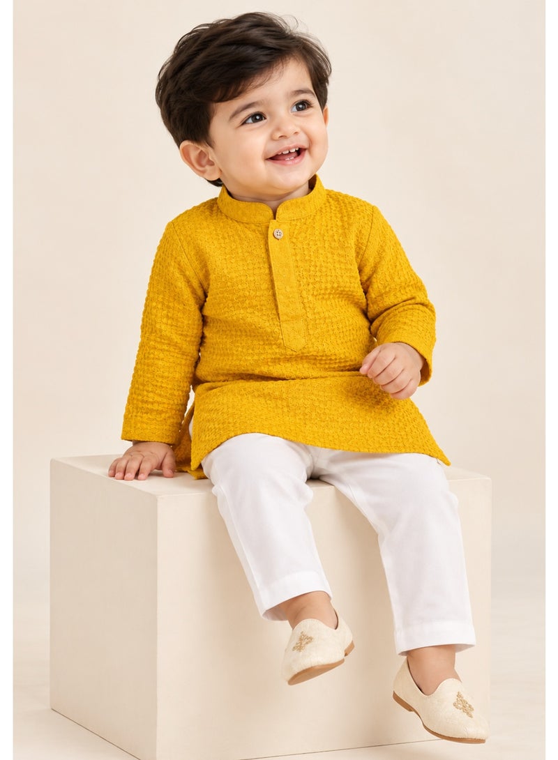 Lucky Kids Boys Mustard Yellow Textured Embroidered Mandarin Collar Kurta with White Straight Pants – 2 Piece Ethnic Set - Image 1