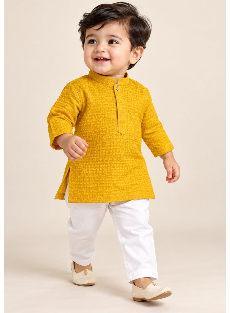 Lucky Kids Boys Mustard Yellow Textured Embroidered Mandarin Collar Kurta with White Straight Pants – 2 Piece Ethnic Set - Image 2