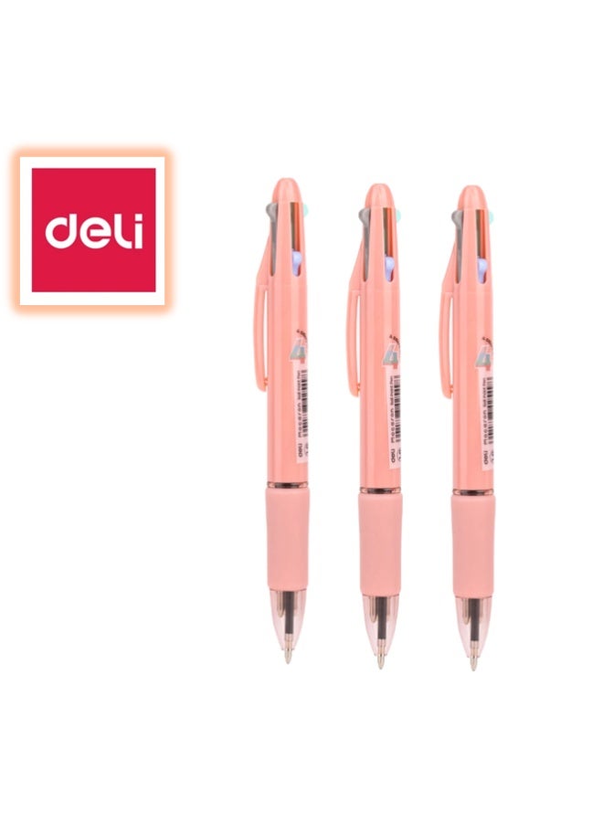 Deli Q181 Multicolor Ballpoint Pen 4-in-1 Colored Pens 1.0mm, Retractable Ball Point Pen Medium Point for Smooth Writing, Cute Pens for Office School Supplies, Planner Journaling, 4-Color Ink, 3-Count - Image 2