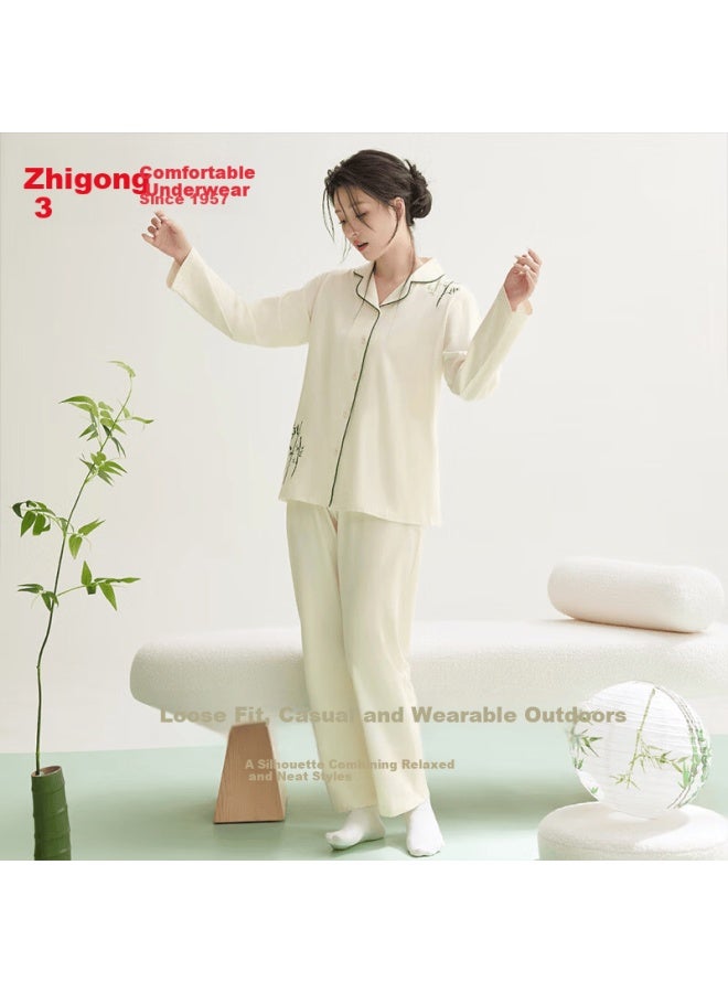 Hodo Pure Cotton Printed Traditional Style Long Sleeve Cardigan Couple Women's Pajama Set Homewear - Image 4