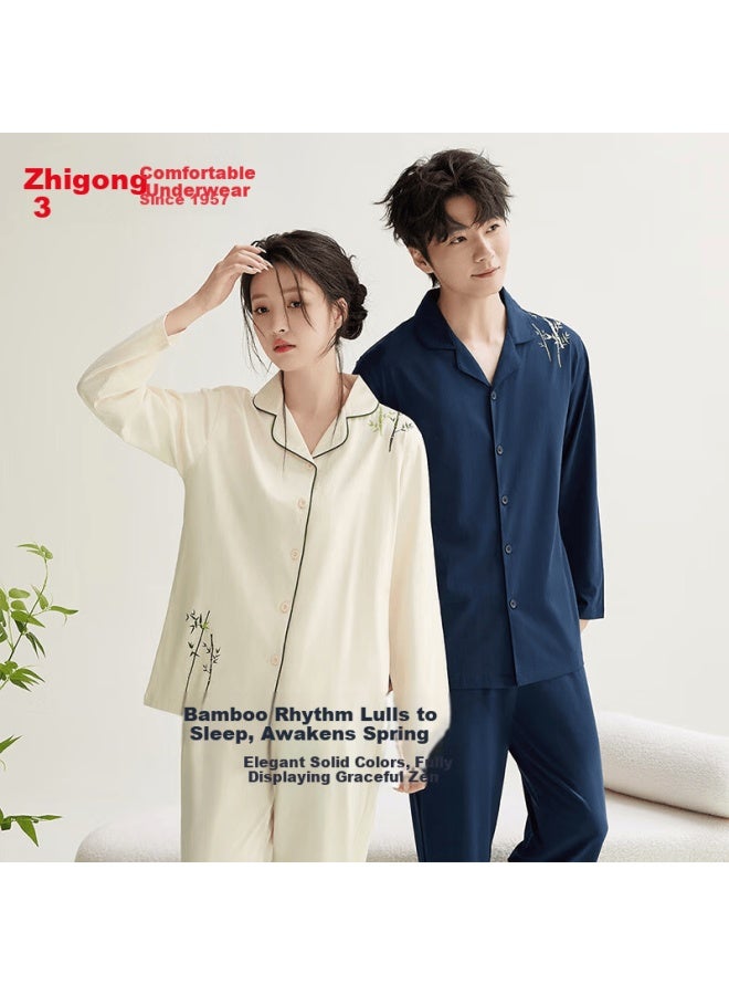 Hodo Pure Cotton Printed Traditional Style Long Sleeve Cardigan Couple Women's Pajama Set Homewear - Image 2