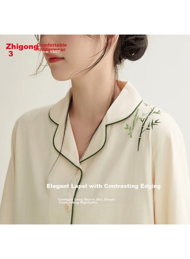Hodo Pure Cotton Printed Traditional Style Long Sleeve Cardigan Couple Women's Pajama Set Homewear - Image 5