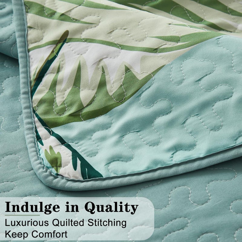 Yogeneg Queen Quilt Bedding Set,Green Pink Botanical Pattern Sky Blue Full/Queen Quilt Set,3 Piece Lightweight Soft Summer Bedspread Coverlet with 2 PIillow Shams,All Season(Sky Blue,90"x96") - Image 5