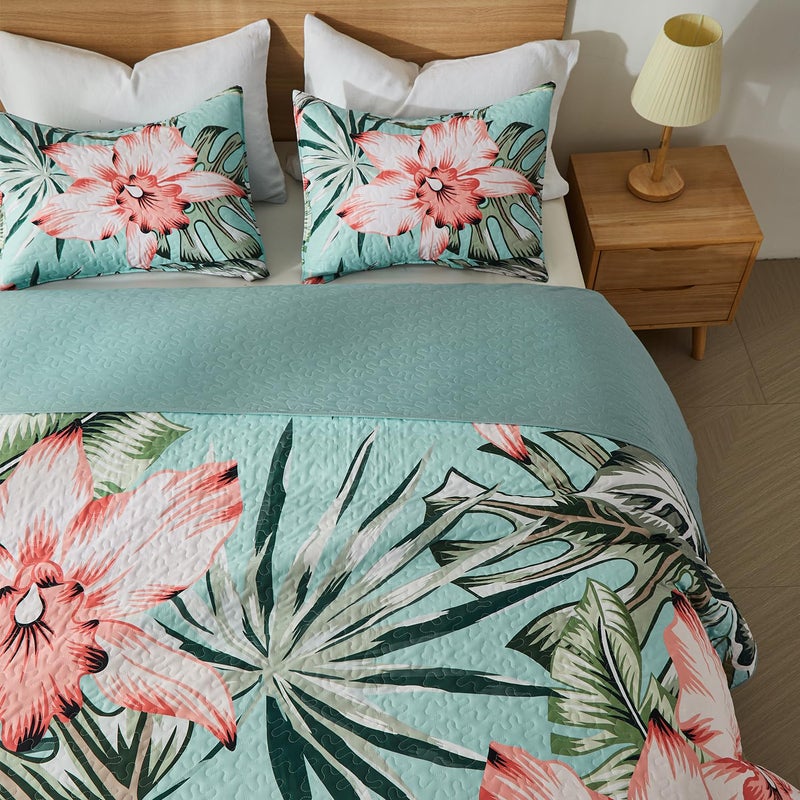 Yogeneg Queen Quilt Bedding Set,Green Pink Botanical Pattern Sky Blue Full/Queen Quilt Set,3 Piece Lightweight Soft Summer Bedspread Coverlet with 2 PIillow Shams,All Season(Sky Blue,90"x96") - Image 3