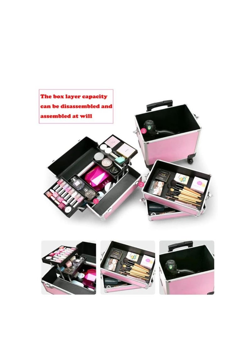 Golden Professional Makeup Trolley Case Large Makeup Train Case Portable Traveling Cosmetic Case with Wheels (3 Layers, Black) - Image 5