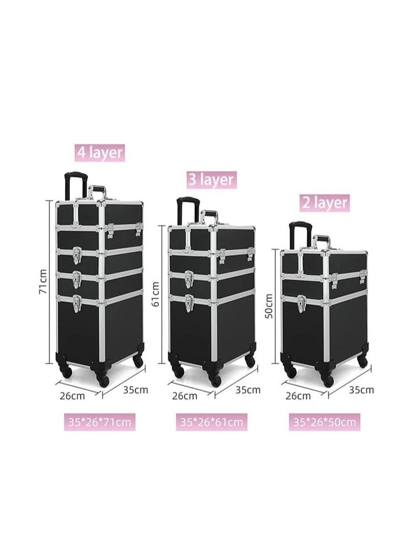 Golden Professional Makeup Trolley Case Large Makeup Train Case Portable Traveling Cosmetic Case with Wheels (3 Layers, Black) - Image 2