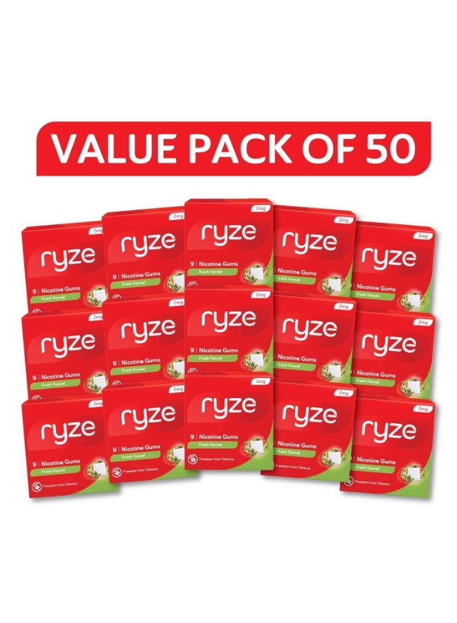 رايز RYZE علكة النيكوتين 2 ملغ | عبوة من 50 (450 قطعة علكة) | بنكهة الشمر المنعش | تحرر من التدخين والتبغ | لطيفة على الحلق | معتمدة من إدارة الغذاء والدواء (FDA) | خالية من السكر | لتبييض الأسنان - Image 1