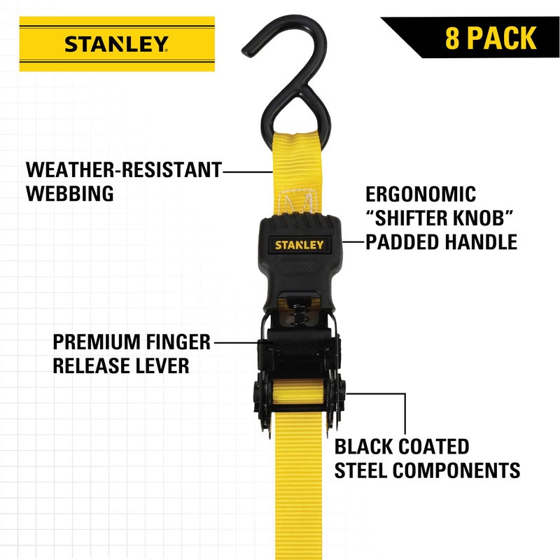 Stanley أحزمة ربط ستانلي S1000 سوداء/صفراء 1" × 10' - لنقل الحمولة الخفيفة (قوة كسر 1,500 رطل)، عبوة 8 - Image 2