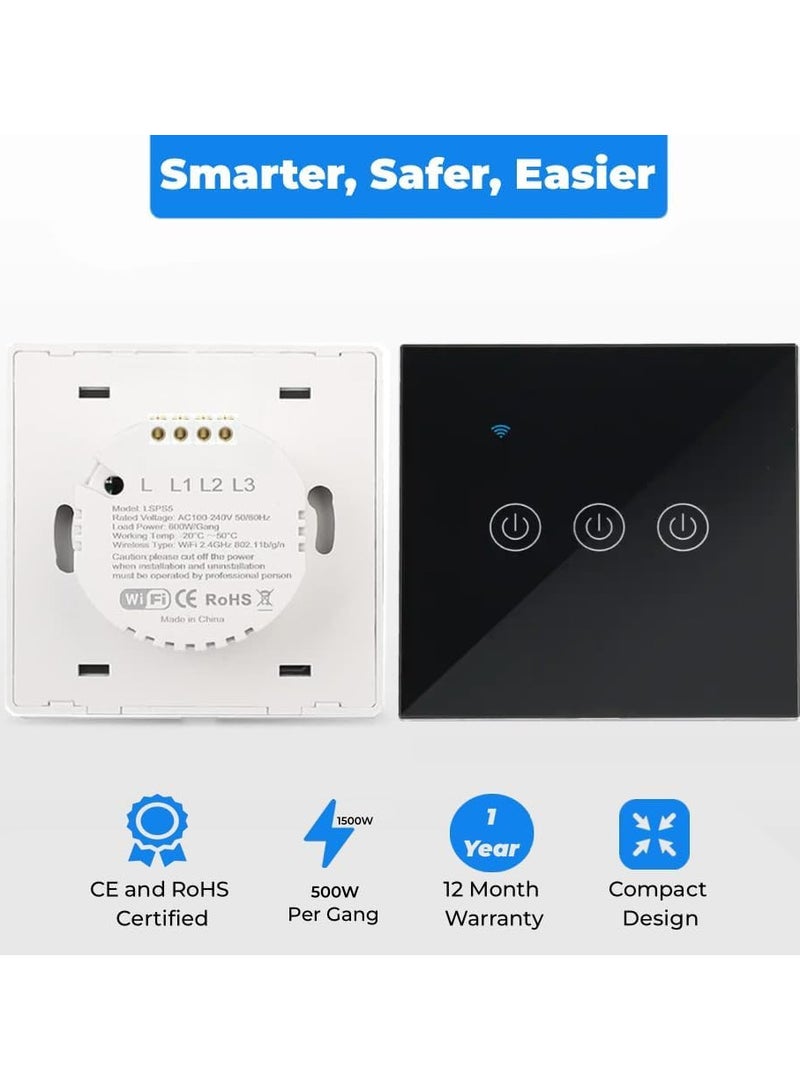 لوميف مفتاح إضاءة جداري ذكي من لوميف، يعمل باللمس بقدرة 500 واط، لا يتطلب سلك محايد ولا يحتاج إلى موزع، متوافق مع أليكسا وجوجل هوم، تحكم صوتي وعن بعد عبر التطبيق، مع وظيفة التوقيت (3 مفاتيح) – أسود - Image 2