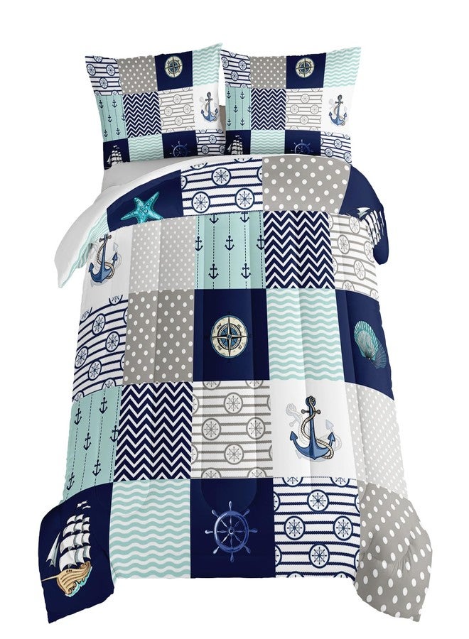 HOSIMA Nautical Comforter Set Queen,Plaid Patchwork Ocean Themed Bedding Sailboat and Anchor Print Kids Bedding Set for Boys Adult Kids Girls,Navy Blue Comforter Queen Size with 2 Pillow Shams. - Image 1