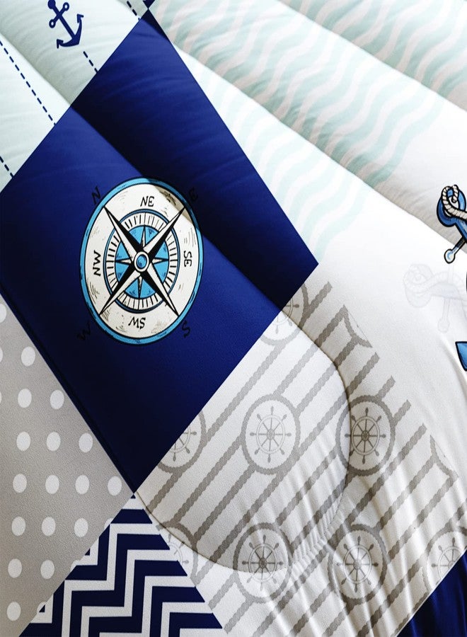 HOSIMA Nautical Comforter Set Queen,Plaid Patchwork Ocean Themed Bedding Sailboat and Anchor Print Kids Bedding Set for Boys Adult Kids Girls,Navy Blue Comforter Queen Size with 2 Pillow Shams. - Image 5