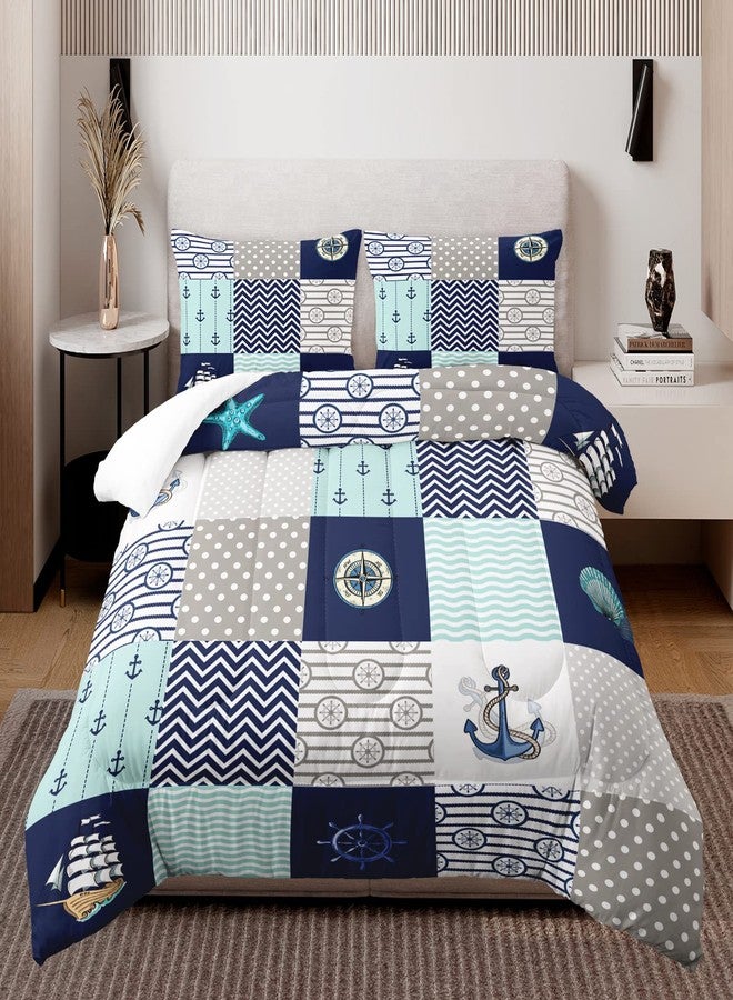 HOSIMA Nautical Comforter Set Queen,Plaid Patchwork Ocean Themed Bedding Sailboat and Anchor Print Kids Bedding Set for Boys Adult Kids Girls,Navy Blue Comforter Queen Size with 2 Pillow Shams. - Image 2