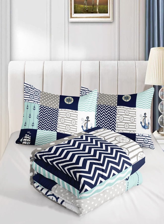 HOSIMA Nautical Comforter Set Queen,Plaid Patchwork Ocean Themed Bedding Sailboat and Anchor Print Kids Bedding Set for Boys Adult Kids Girls,Navy Blue Comforter Queen Size with 2 Pillow Shams. - Image 3
