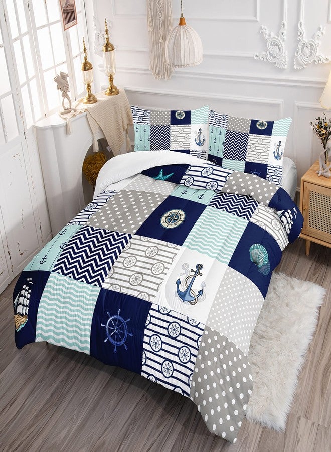 HOSIMA Nautical Comforter Set Queen,Plaid Patchwork Ocean Themed Bedding Sailboat and Anchor Print Kids Bedding Set for Boys Adult Kids Girls,Navy Blue Comforter Queen Size with 2 Pillow Shams. - Image 4