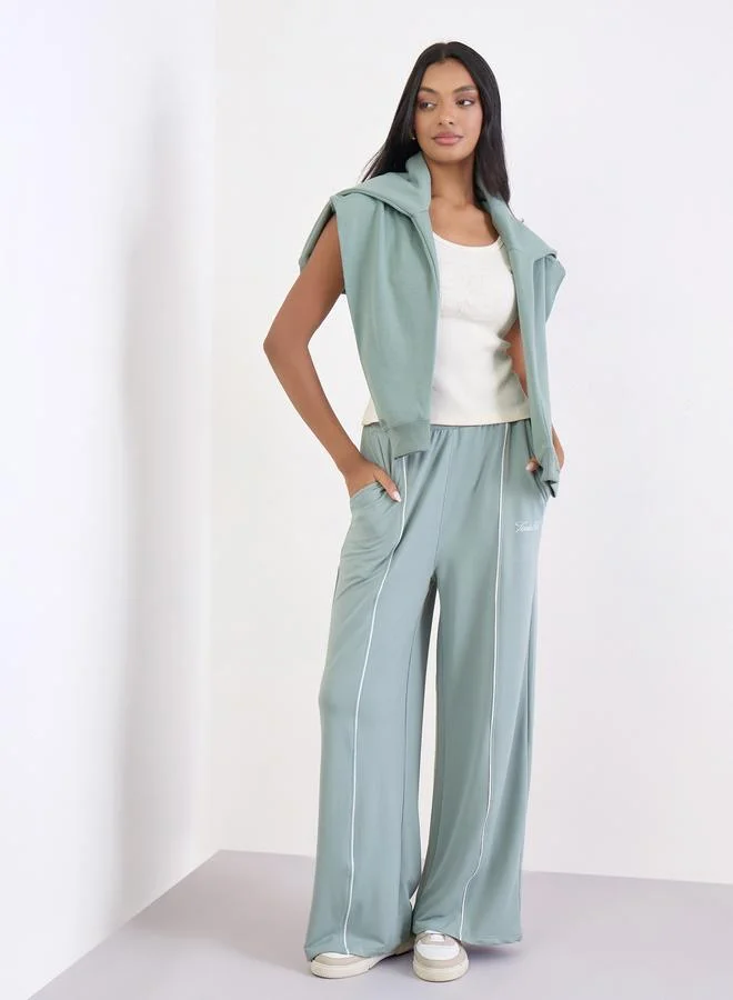 Styli Styli Green Wide Leg Joggers with Piping Detail