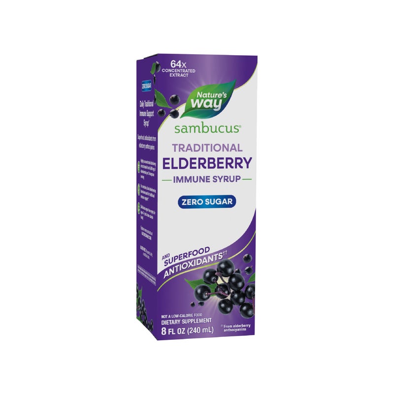 Natures Way Sambucus Zero Sugar Traditional Immune Syrup Highly Concentrated Black Elderberry Extract Traditional Immune Support SugarFree Berry Flavored 8 Fl Oz Packaging May Vary