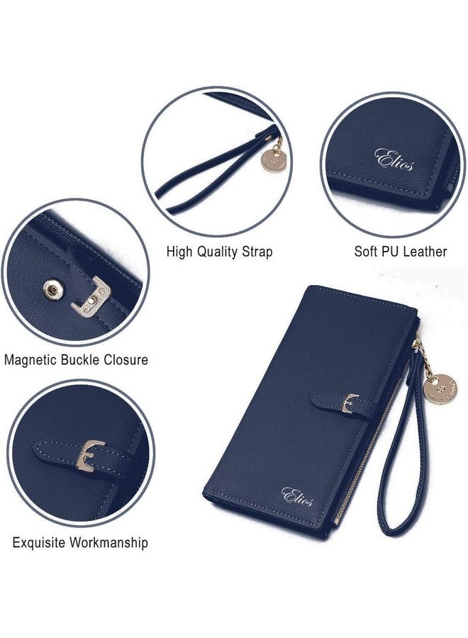 Elios Women Long Soft Leather Wallet Zip Purse Multifunction Organizer Card Holder Clutch with Phone Pocket (Blue) - Image 2