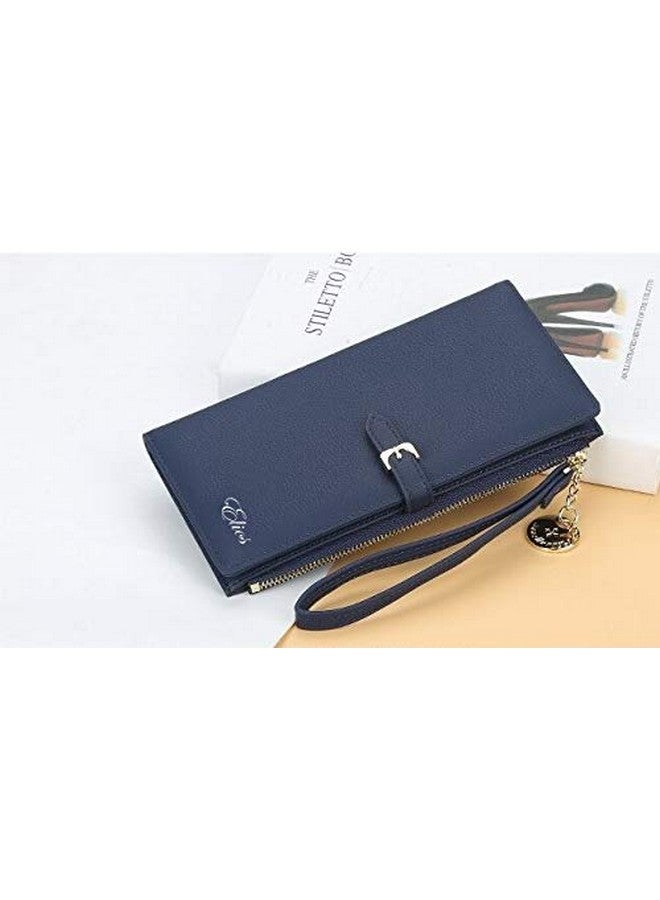 Elios Women Long Soft Leather Wallet Zip Purse Multifunction Organizer Card Holder Clutch with Phone Pocket (Blue) - Image 4