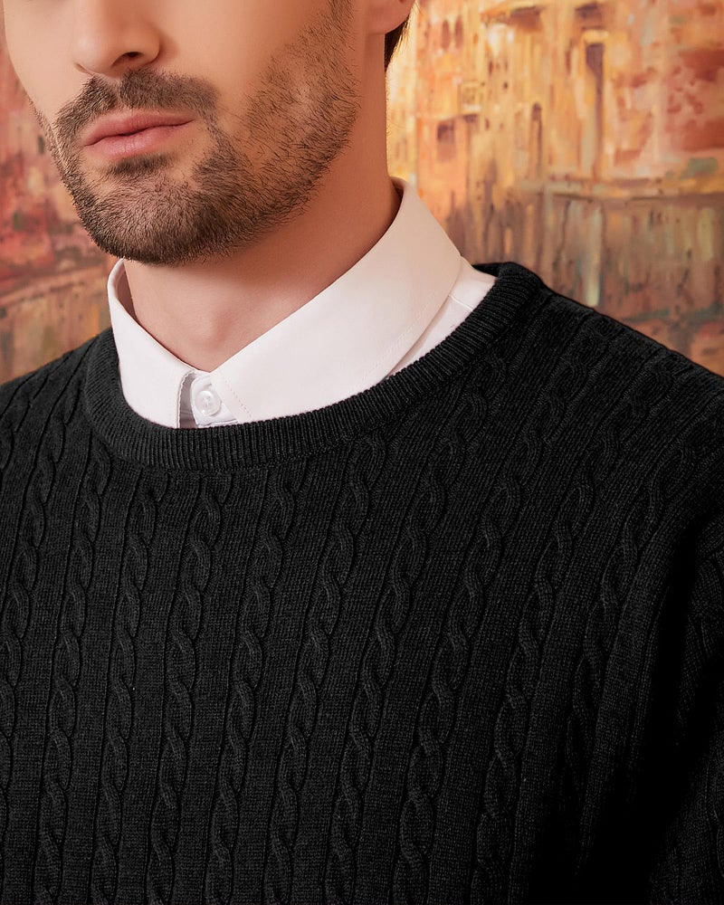 Kallspin Men's Cable Knit Crewneck Sweater Pullovers Wool Blend Relax Fit Knitwear (Black, X-Large) - Image 3