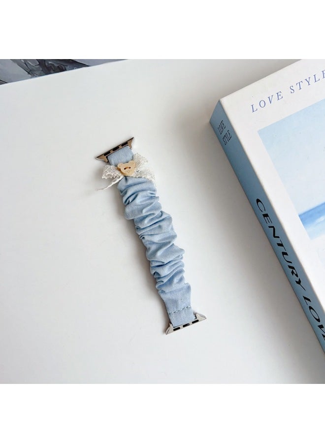 Suitable For Apple WatchS10/9/8/7/6/5 Radium Bow Bear Baby Elastic Denim Hair Band-Color:38/40/41/42mm Sky Blue  - Image 1